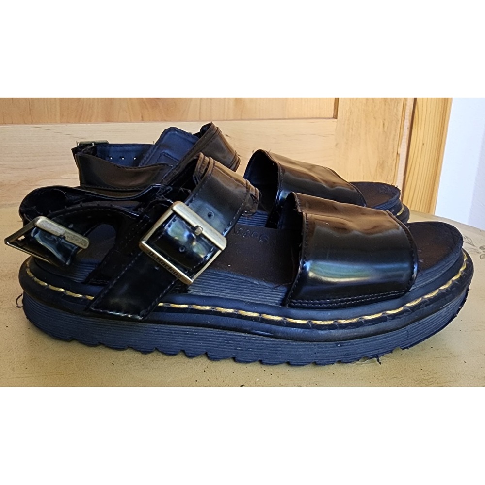 Dr Doc Martens 7 Black Leather Voss Shiny Platform Sandals Strappy Goth Grunge